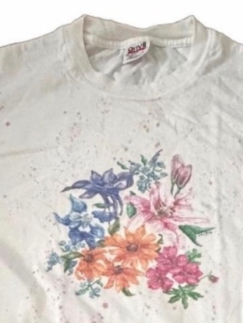 Vintage 90s Anvil Floral Flower Splatter Graphic T-Shirt White Large